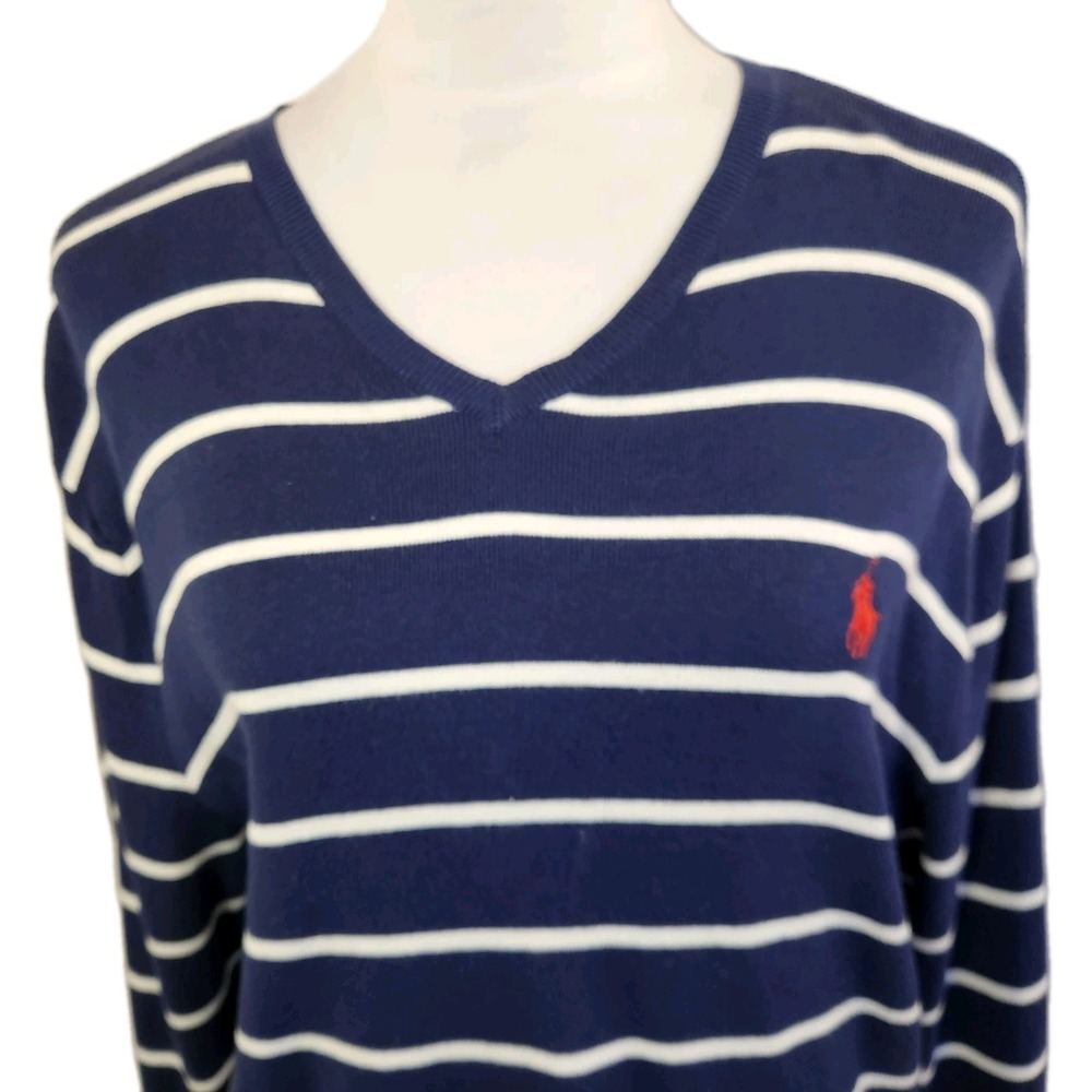 Vtg Polo Ralph Lauren Womens Striped Knit Sweater‎ Size Medium White & Blue Top